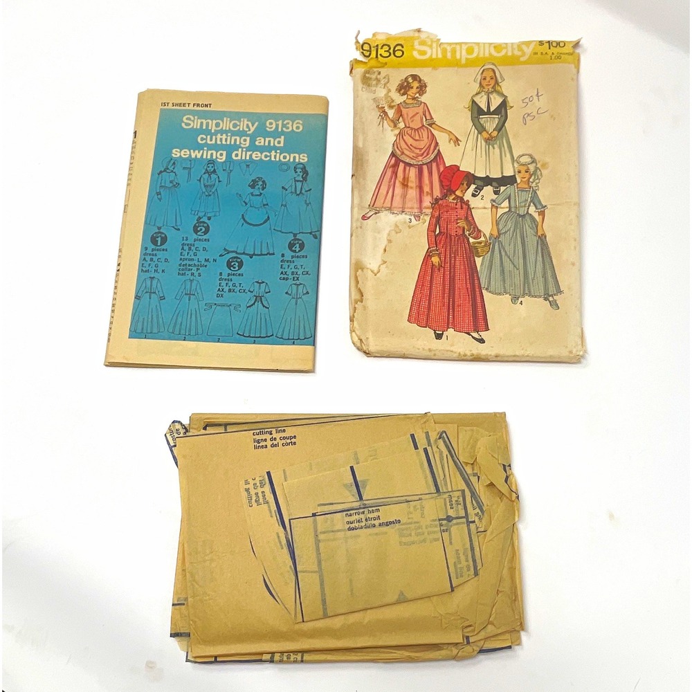 Simplicity 9136 Vintage Girls Puritan Centennial Costume Sewing Pattern Size 4